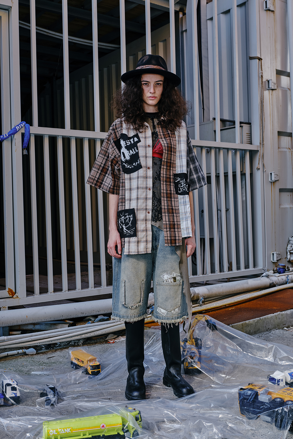 Shirt Jacket Brown Plaid Graffiti Patch Unisex Short Sleeve Top 