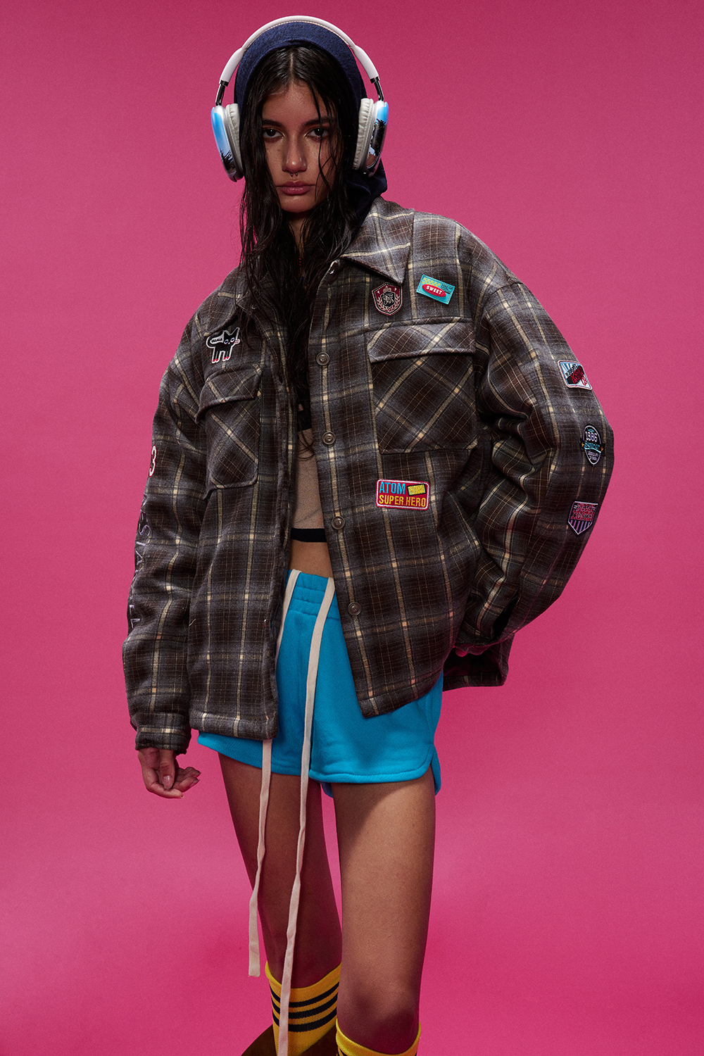 Winter Shirt Jacket Brown Plaid Long Sleeve Coat