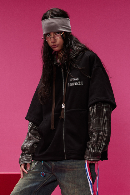 Fleece Hoodie Jacket Plaid Long Sleeve Coat