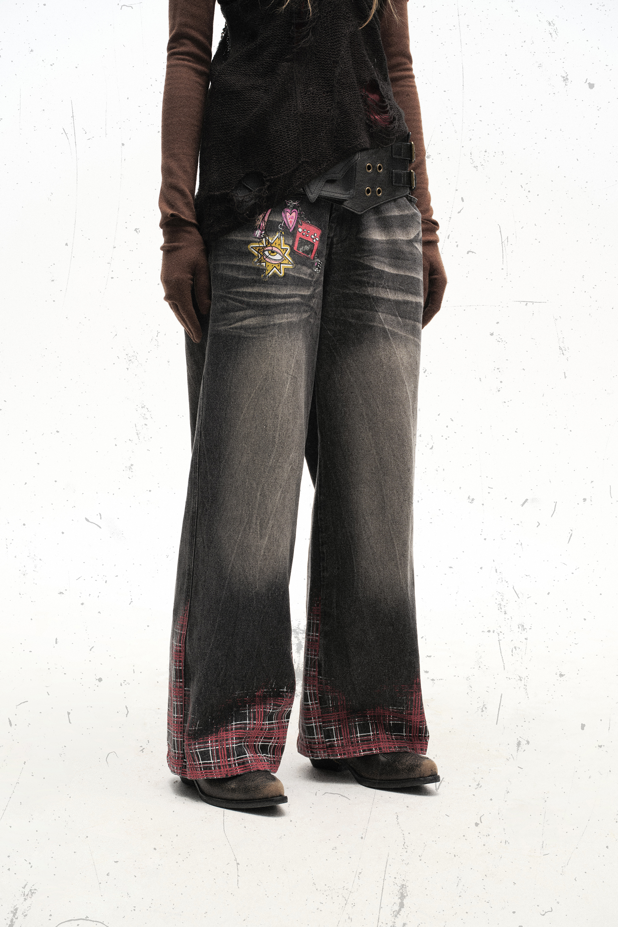 Washed Jeans Print Plaid Loose Wide-Leg Pants 
