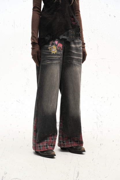 Washed Jeans Print Plaid Loose Wide-Leg Pants 