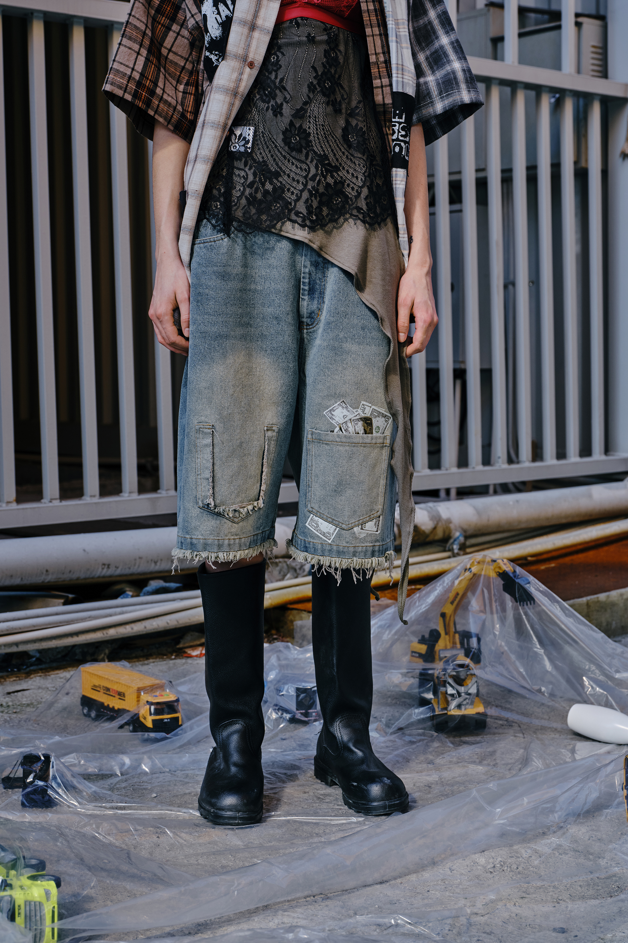 Washed Short Jeans Print Dollar Loose Wide-Leg Knee Pants 