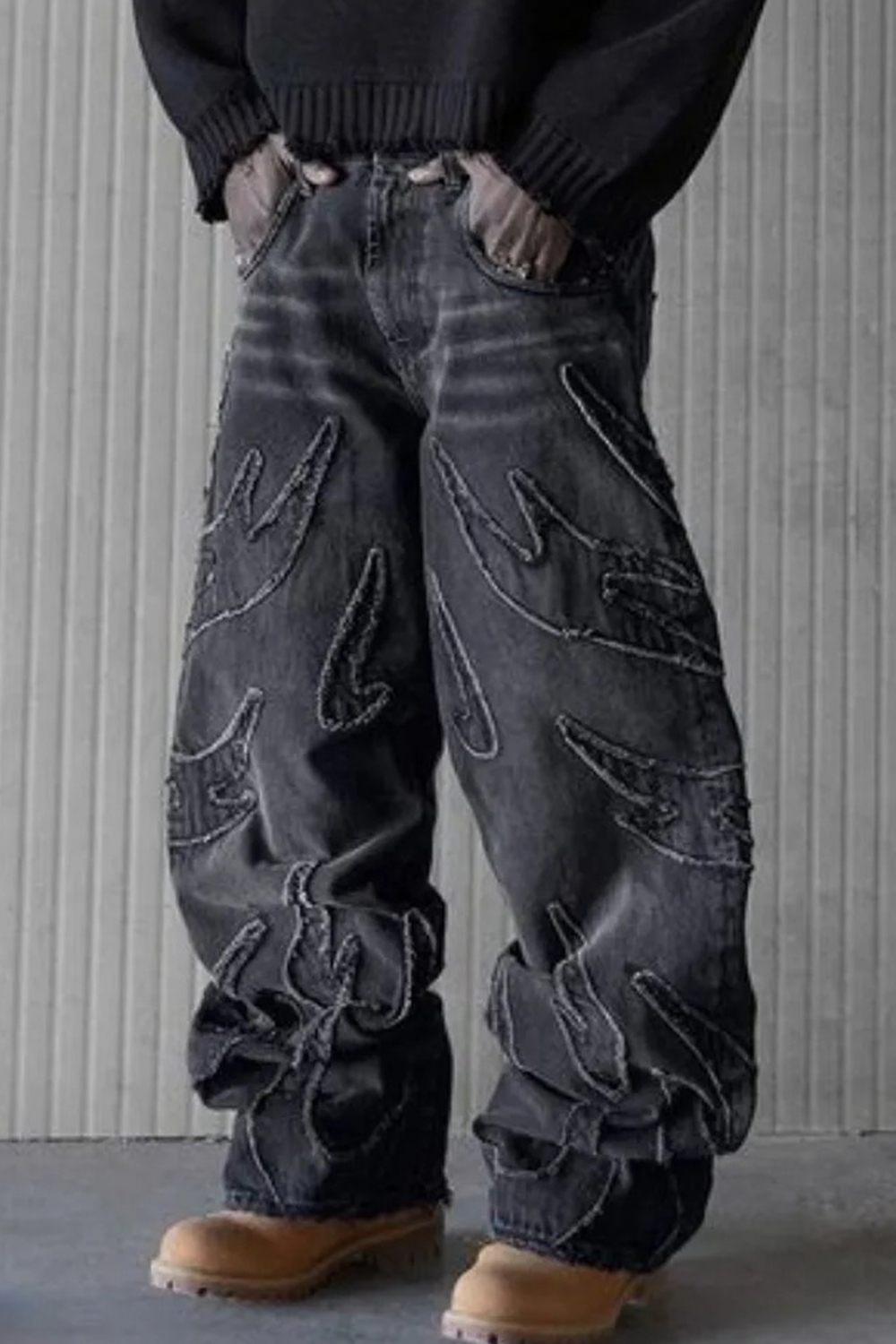 Flame ColorBlock Washed Wide-Leg Balloon Jeans Loose Men Pants