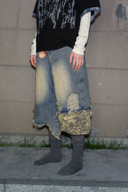 Washed Short Jeans Colorblock Camo Loose Wide-Leg Knee Pants 