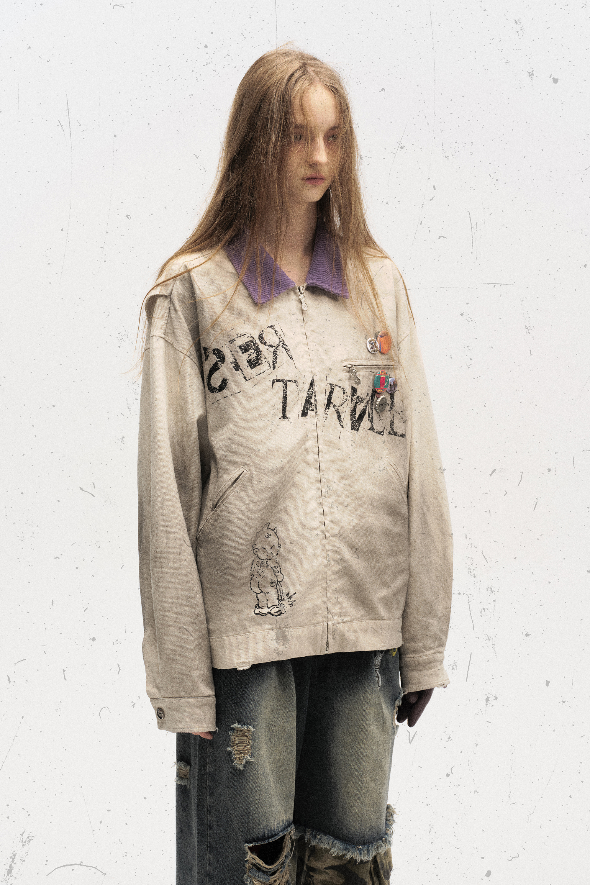 Print Jacket Beige Graffiti Lapel Long Sleeve 