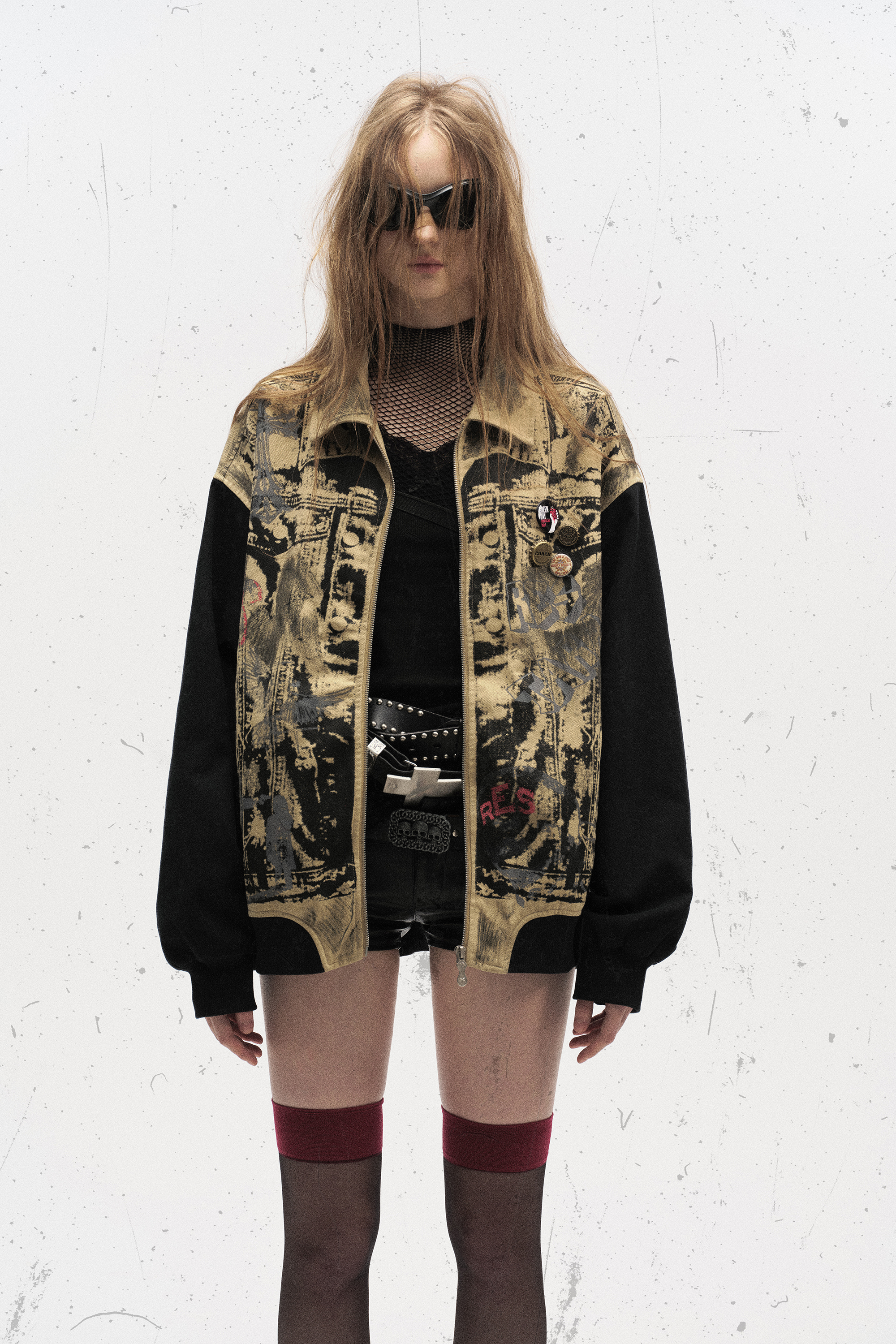 Vintage Print Jacket Khaki Graffiti Lapel Long Sleeve 