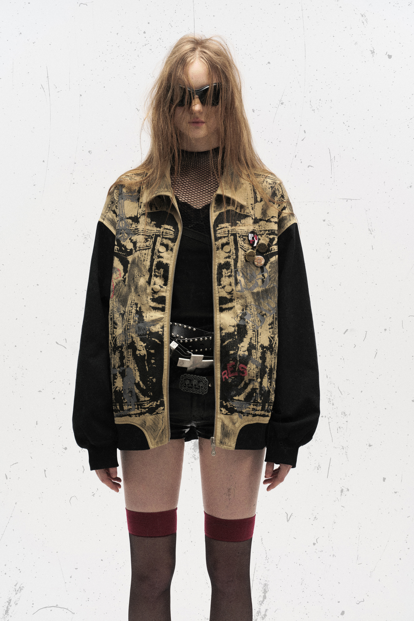 Vintage Print Jacket Khaki Graffiti Lapel Long Sleeve 