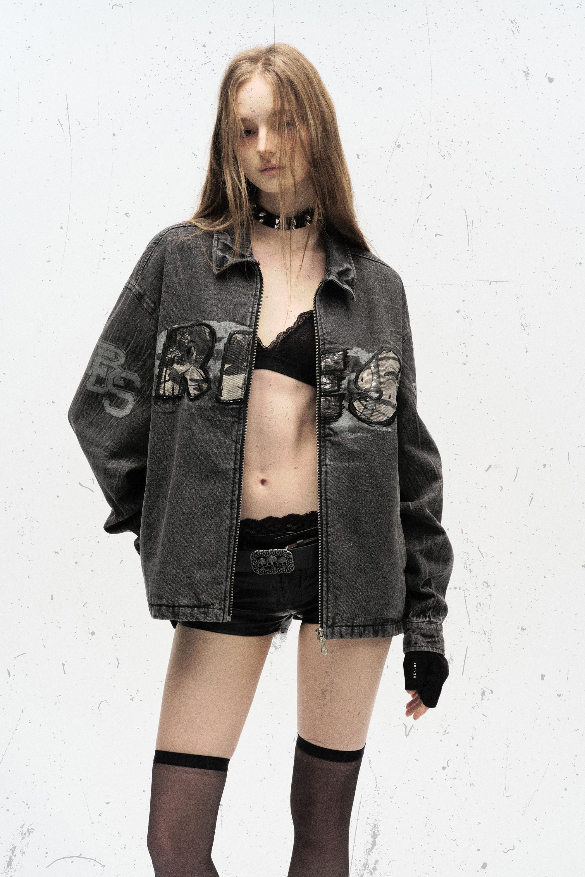 Vintage Denim Jacket Black Camouflage Lapel Long Sleeve 