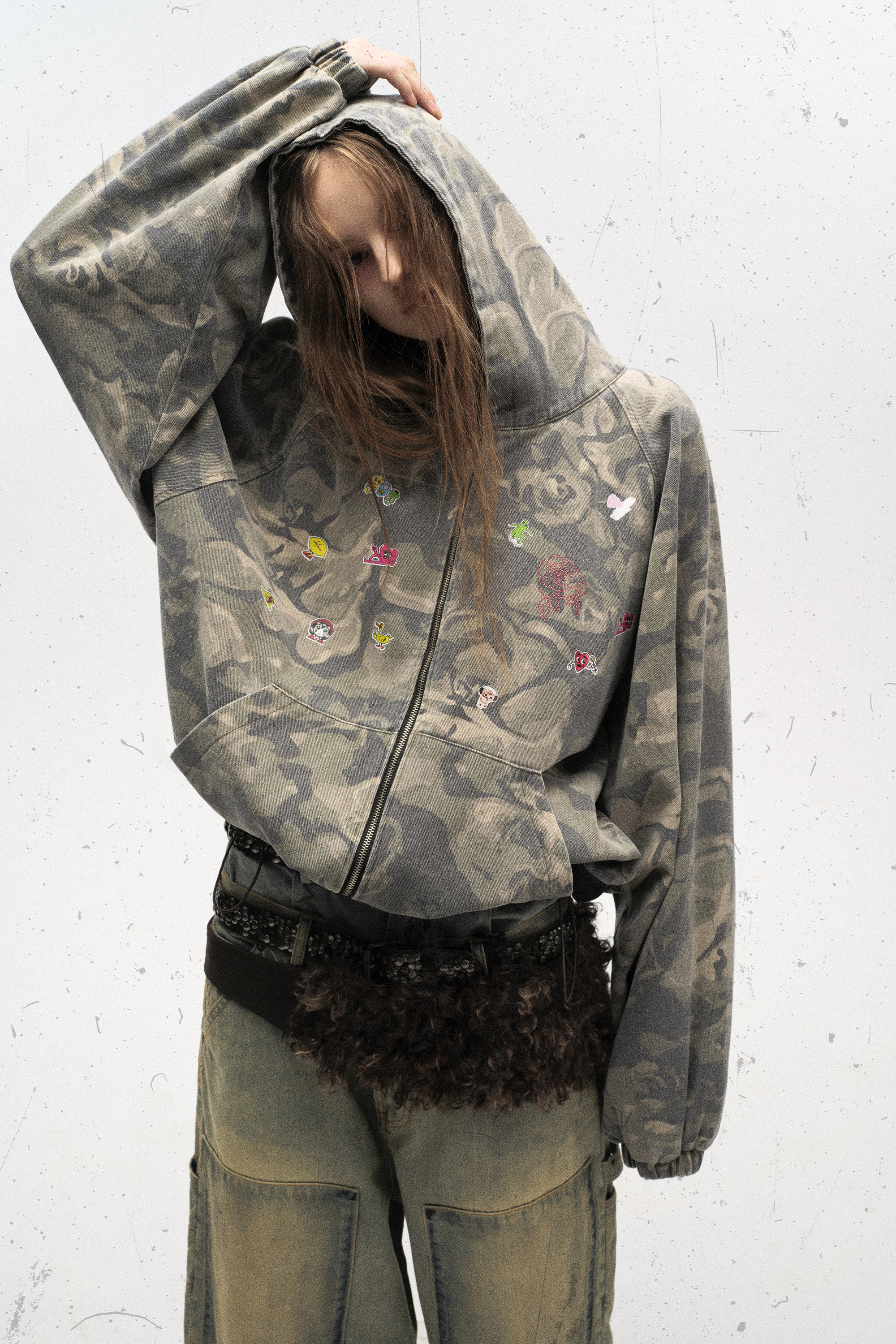 Vintage Hoodie Jacket Green Camouflage Lapel Long Sleeve 