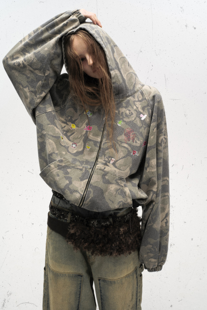 Vintage Hoodie Jacket Green Camouflage Lapel Long Sleeve 