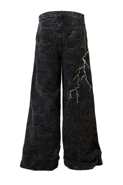 Embroidered Lightning Washed Wide-Leg Jeans Loose Men Pants
