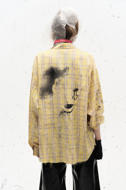 Shirt Jacket Yellow Plaid Unisex Patch Long Sleeve Top 