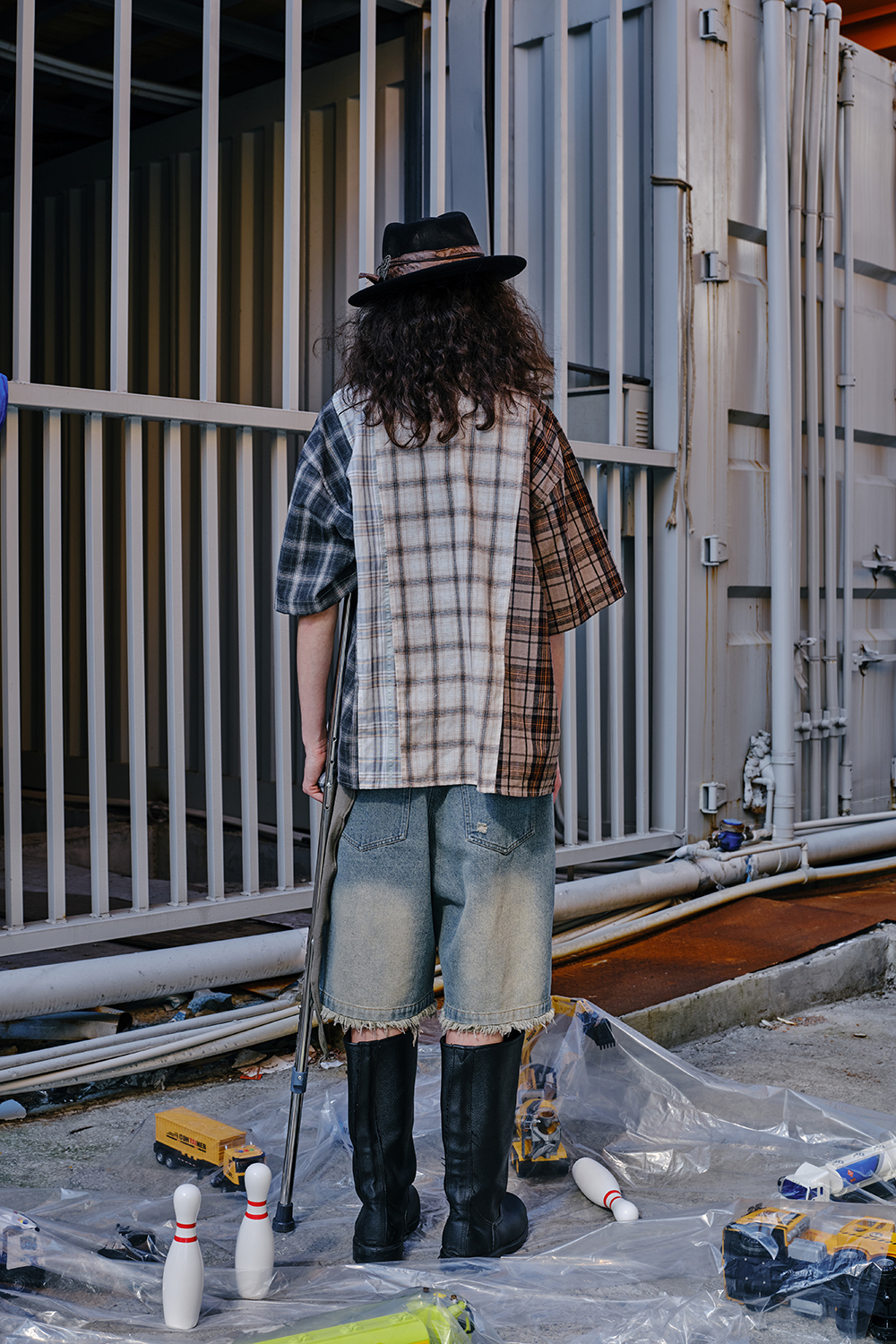 Shirt Jacket Brown Plaid Graffiti Patch Unisex Short Sleeve Top 