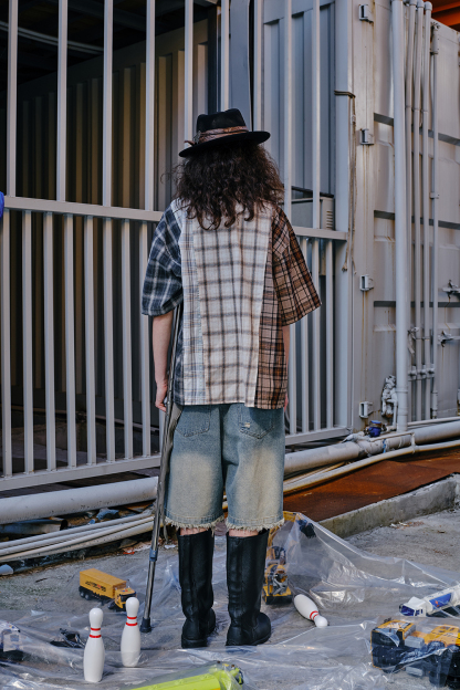 Shirt Jacket Brown Plaid Graffiti Patch Unisex Short Sleeve Top 