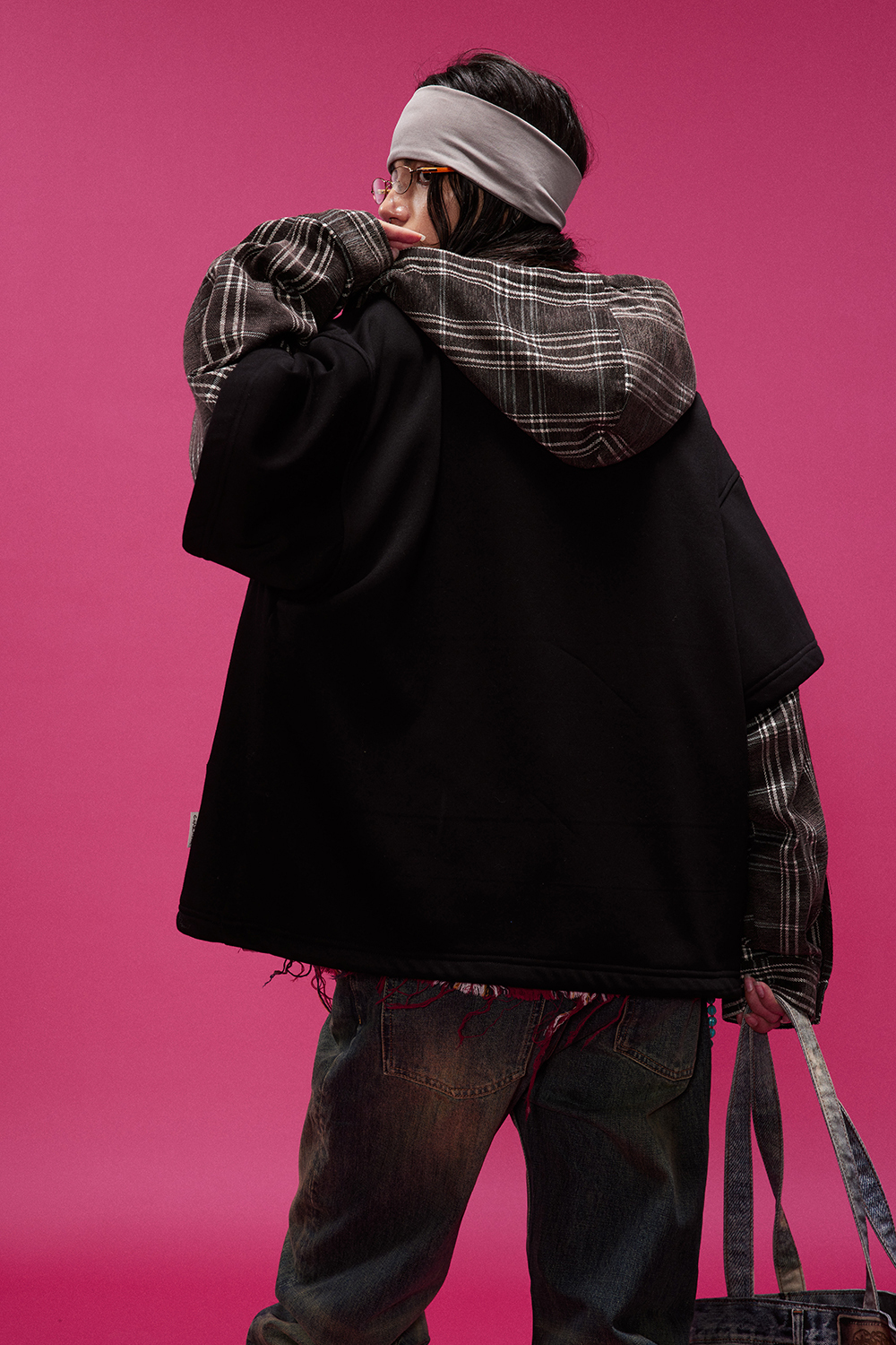 Fleece Hoodie Jacket Plaid Long Sleeve Coat