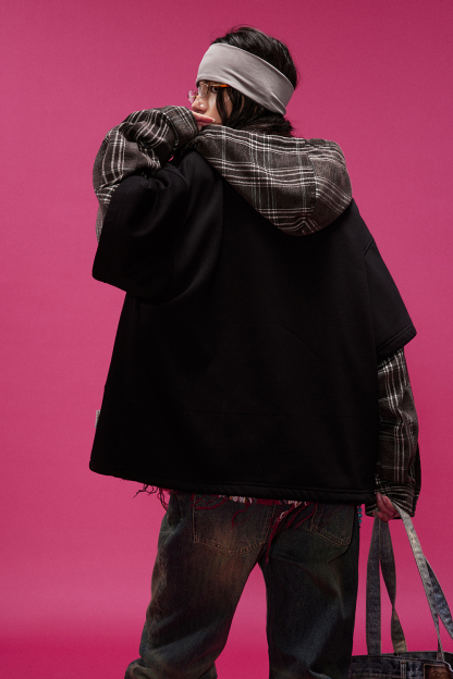 Fleece Hoodie Jacket Plaid Long Sleeve Coat