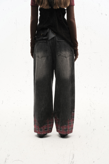 Washed Jeans Print Plaid Loose Wide-Leg Pants 