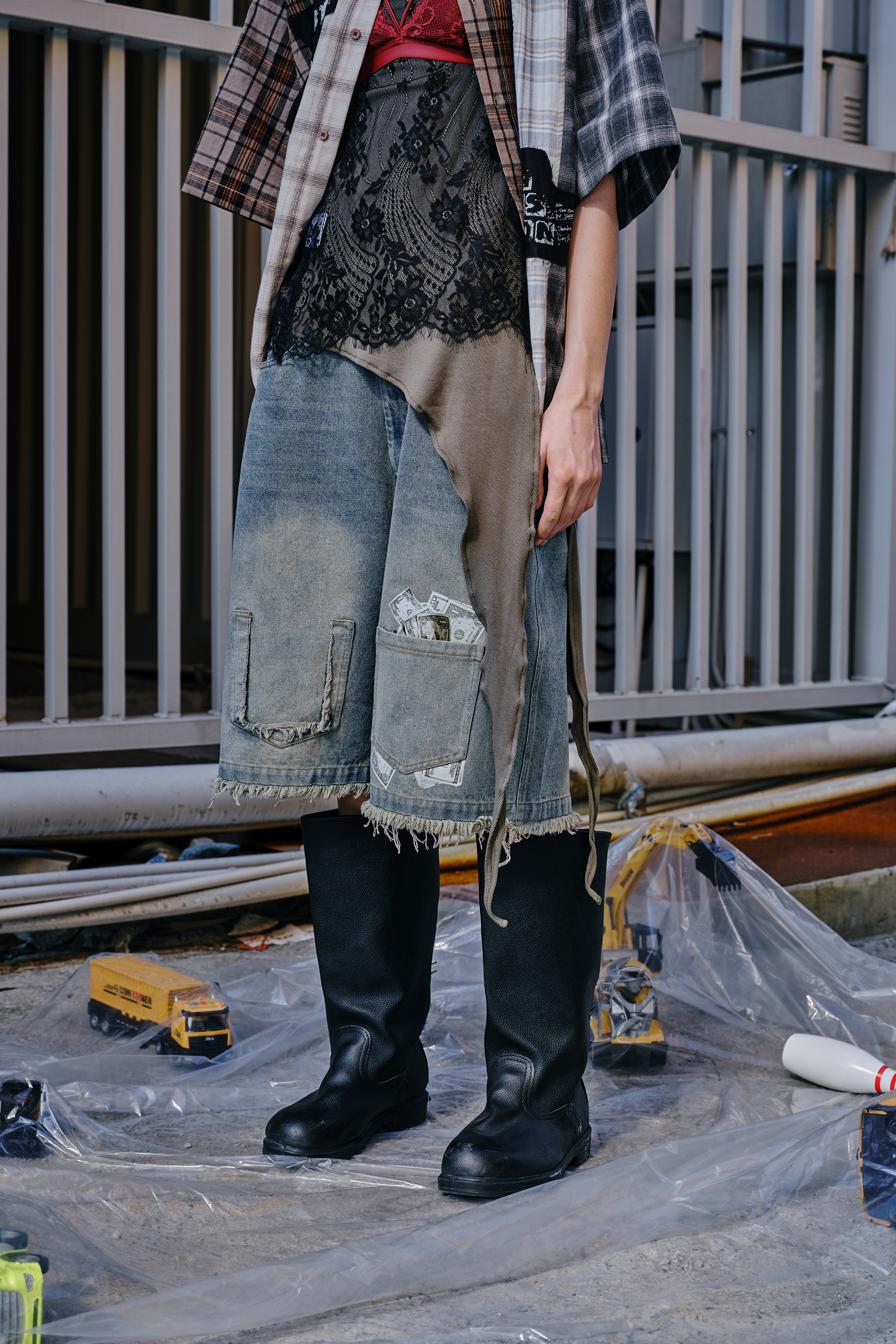 Washed Short Jeans Print Dollar Loose Wide-Leg Knee Pants 