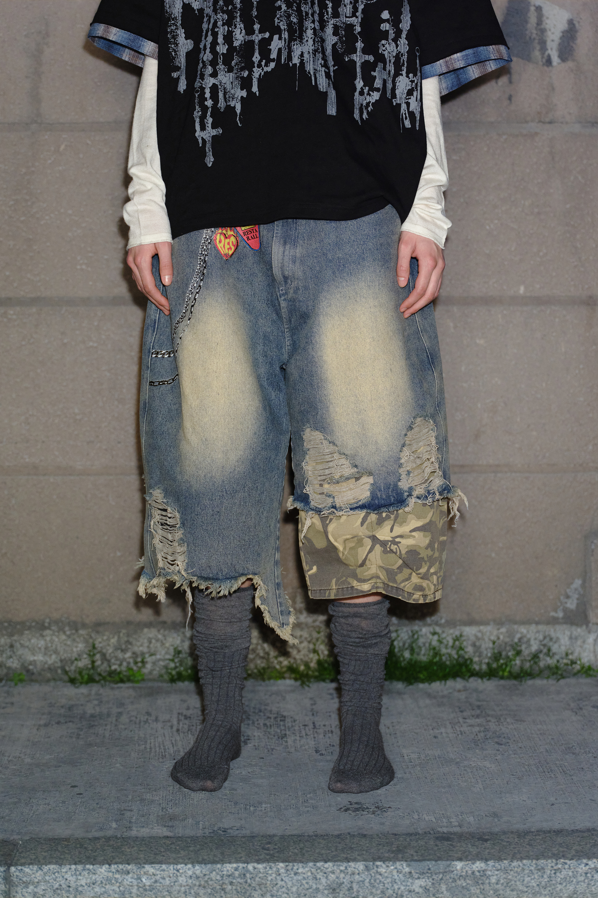 Washed Short Jeans Colorblock Camo Loose Wide-Leg Knee Pants 