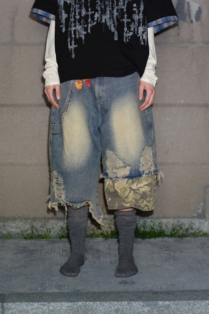 Washed Short Jeans Colorblock Camo Loose Wide-Leg Knee Pants 