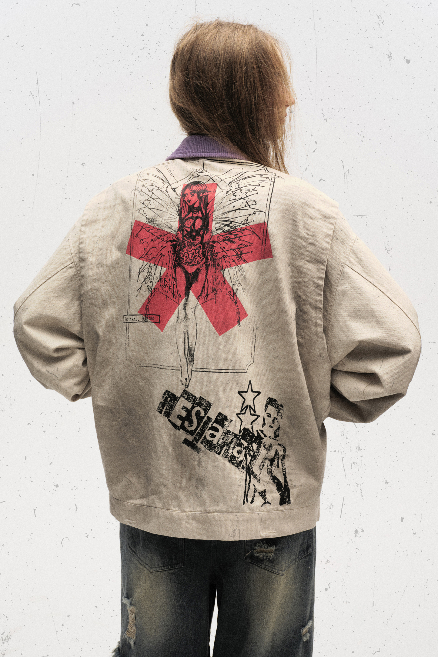 Print Jacket Beige Graffiti Lapel Long Sleeve 