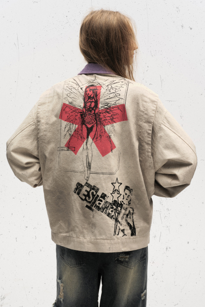 Print Jacket Beige Graffiti Lapel Long Sleeve 