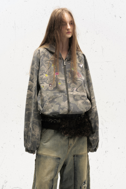 Vintage Hoodie Jacket Green Camouflage Lapel Long Sleeve 