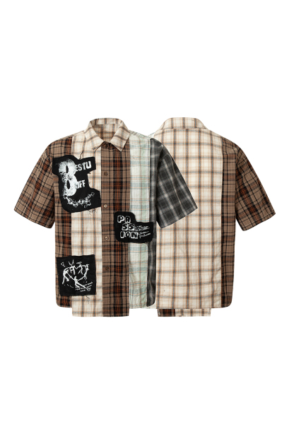 Shirt Jacket Brown Plaid Graffiti Patch Unisex Short Sleeve Top 