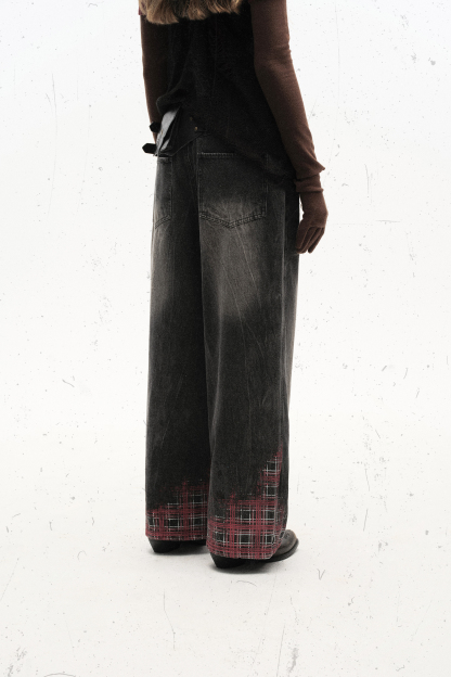 Washed Jeans Print Plaid Loose Wide-Leg Pants 