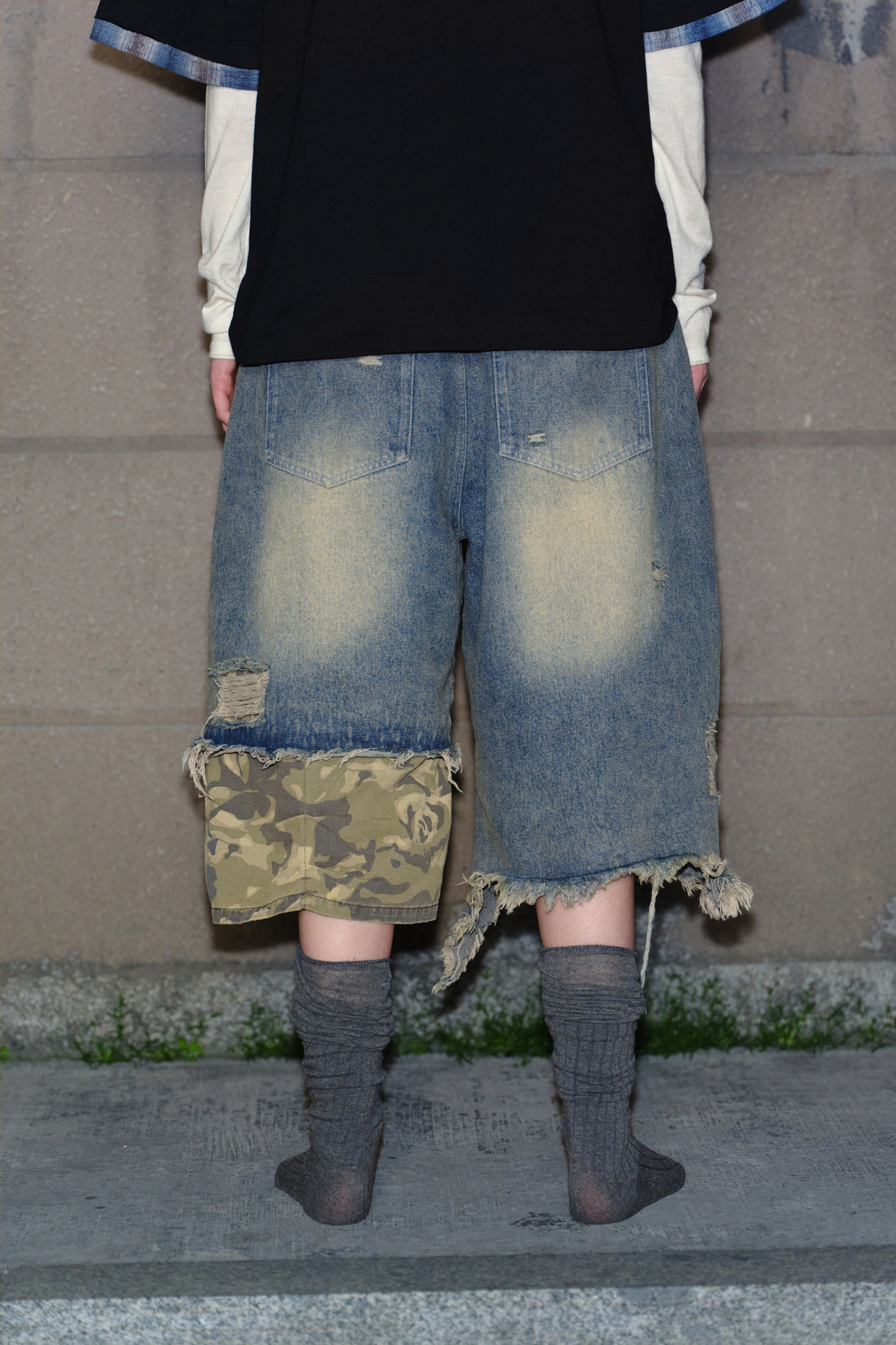 Washed Short Jeans Colorblock Camo Loose Wide-Leg Knee Pants 