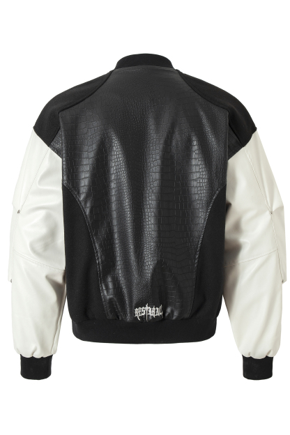 Vintage PU Bomber Jacket Black Stand Collar Long Sleeve 