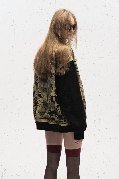 Vintage Print Jacket Khaki Graffiti Lapel Long Sleeve 