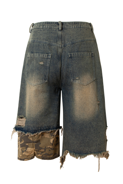 Washed Short Jeans Colorblock Camo Loose Wide-Leg Knee Pants 