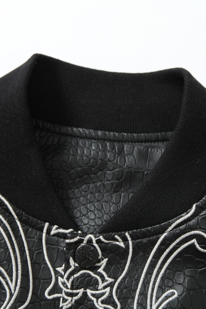 Vintage PU Bomber Jacket Black Stand Collar Long Sleeve 