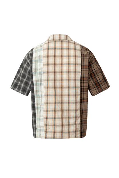Shirt Jacket Brown Plaid Graffiti Patch Unisex Short Sleeve Top 