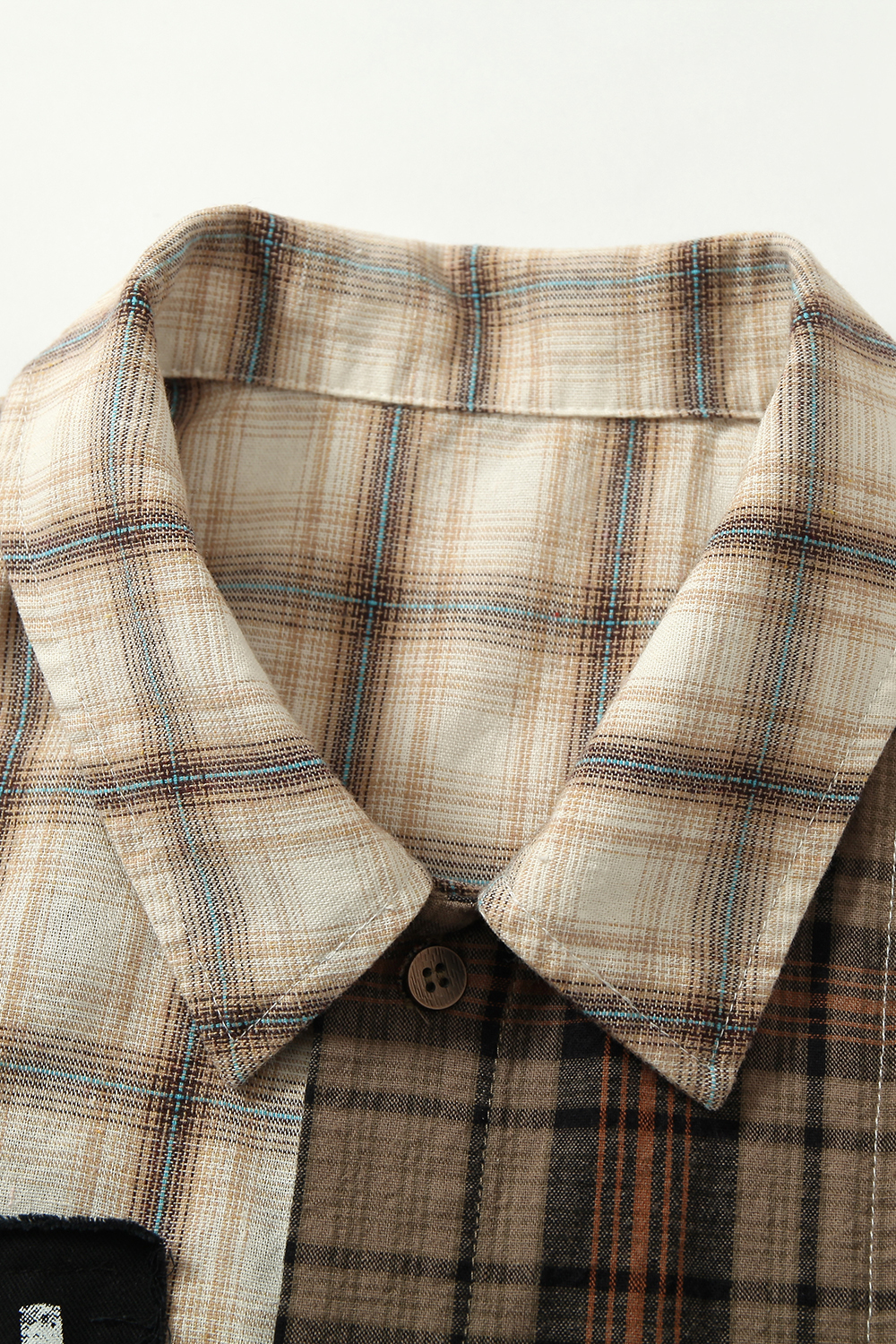 Shirt Jacket Brown Plaid Graffiti Patch Unisex Short Sleeve Top 