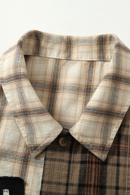 Shirt Jacket Brown Plaid Graffiti Patch Unisex Short Sleeve Top 