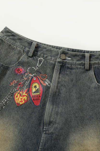 Washed Short Jeans Colorblock Camo Loose Wide-Leg Knee Pants 