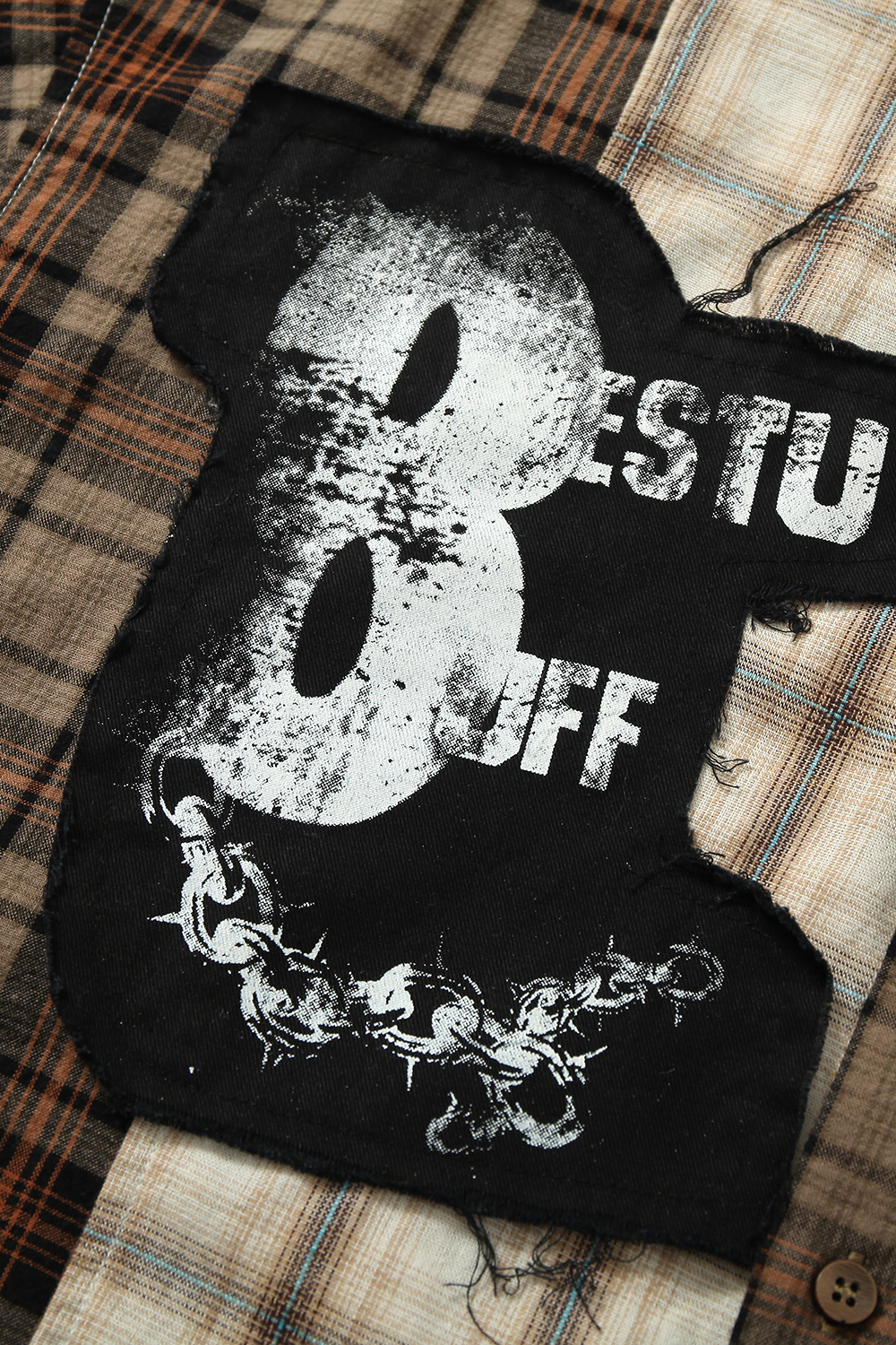 Shirt Jacket Brown Plaid Graffiti Patch Unisex Short Sleeve Top 