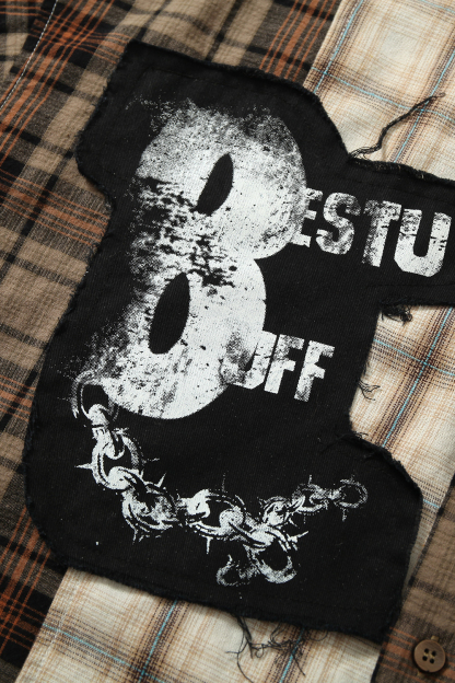 Shirt Jacket Brown Plaid Graffiti Patch Unisex Short Sleeve Top 