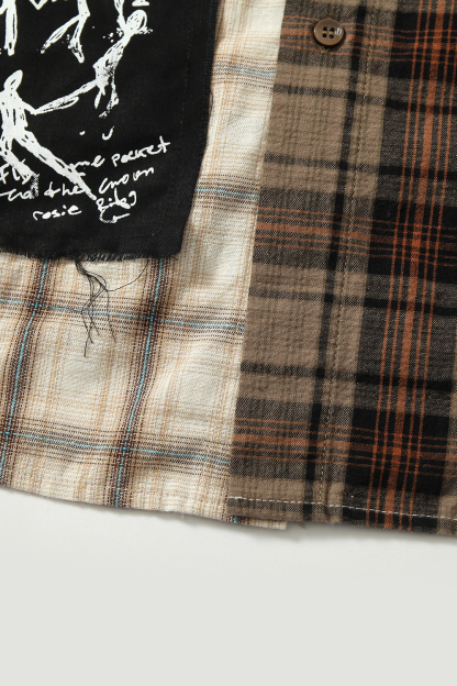 Shirt Jacket Brown Plaid Graffiti Patch Unisex Short Sleeve Top 