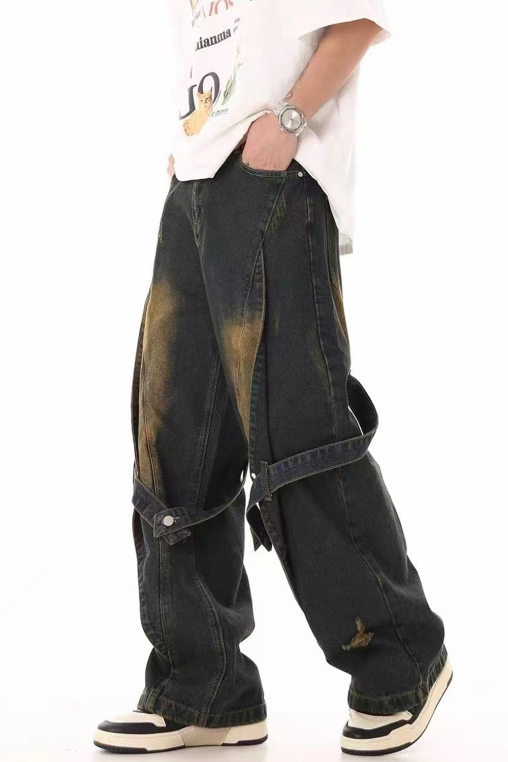 Washed Jeans Loose Straight Leg Men Pants 