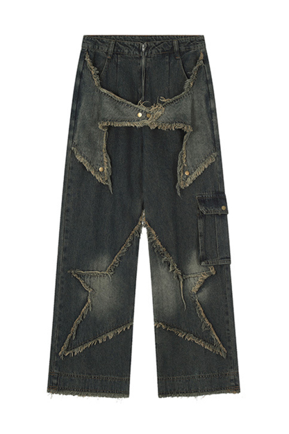 Washed Jeans PATCH Loose Wide Leg Men Pants 
