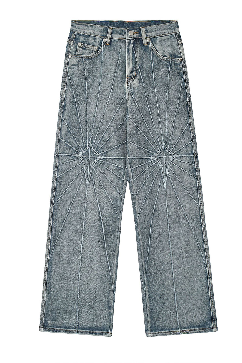 Embroidered Washed Wide-Leg Jeans Loose Men Pants