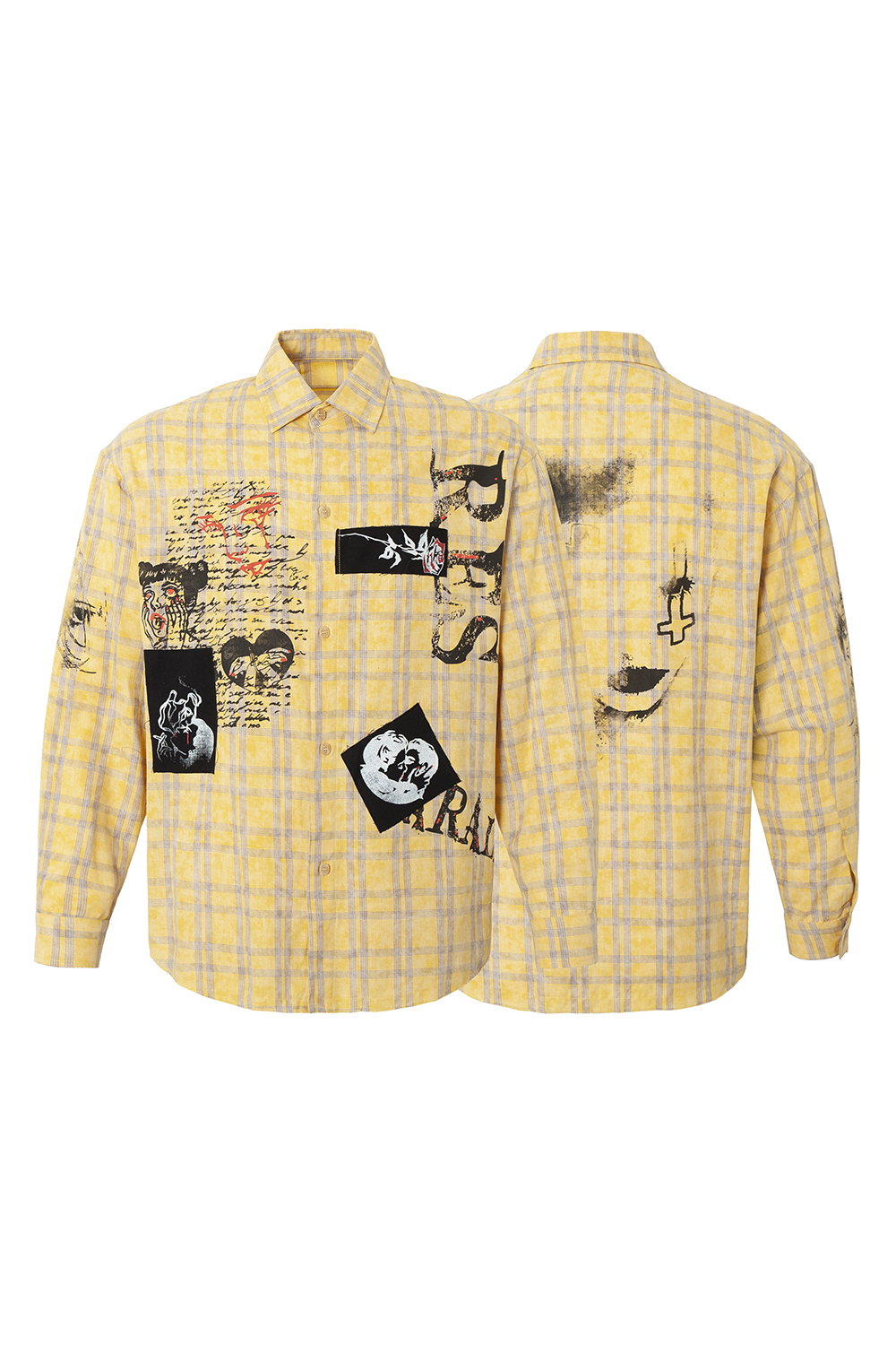 Shirt Jacket Yellow Plaid Unisex Patch Long Sleeve Top