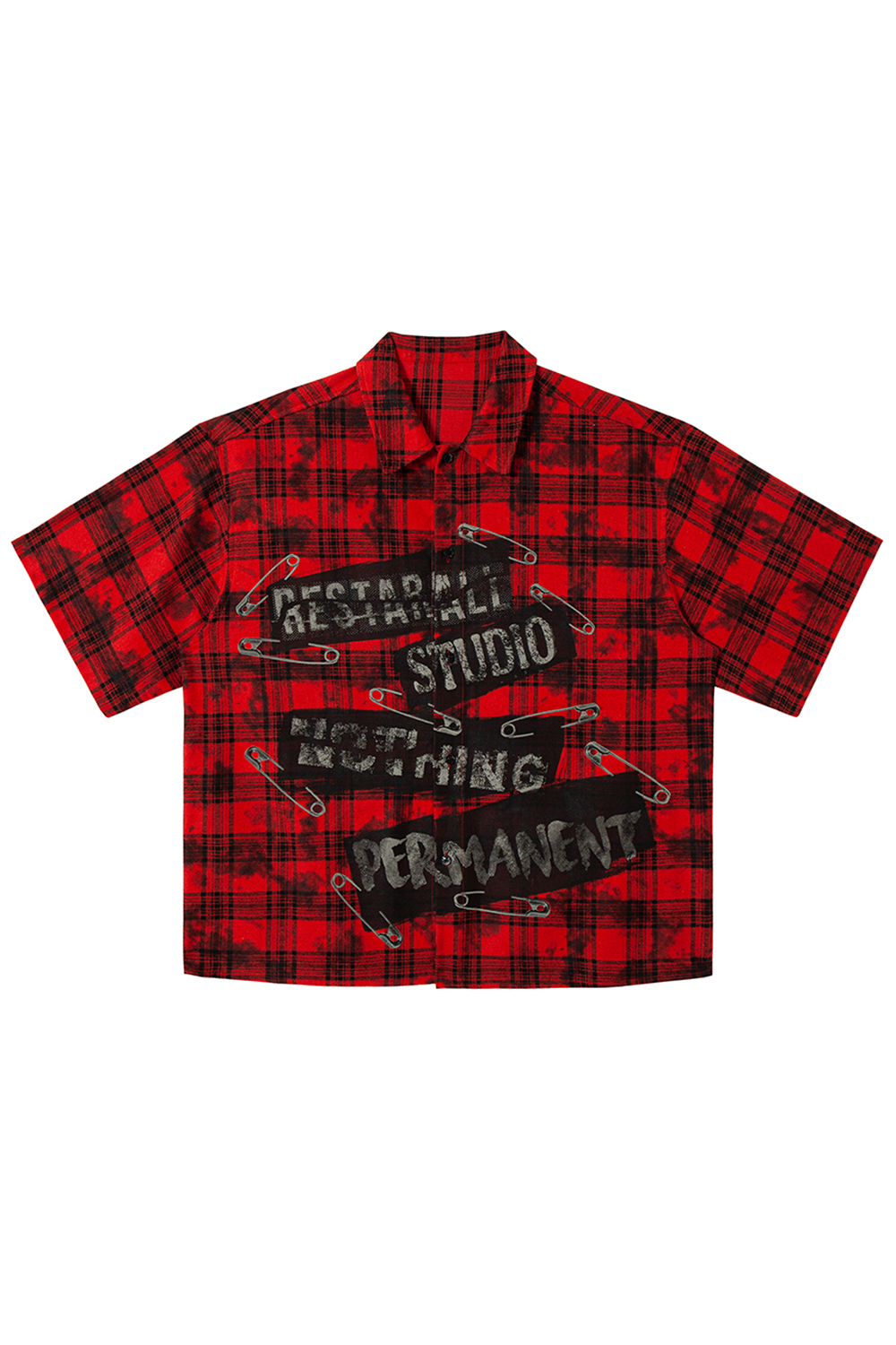 Shirt Jacket Red Plaid Pin Patch Unisex Short Sleeve Top 