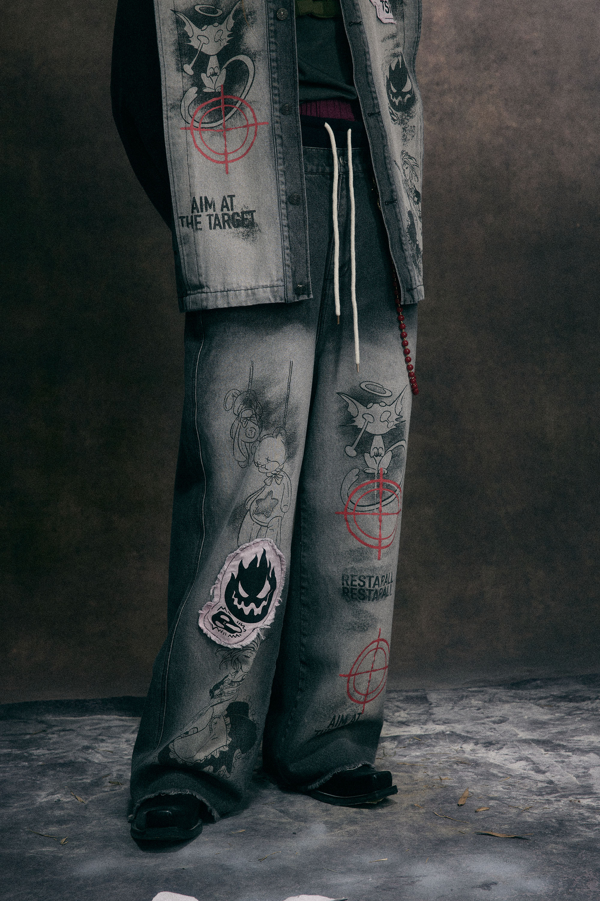 Washed Jeans Loose Patch Straight Leg Pants 