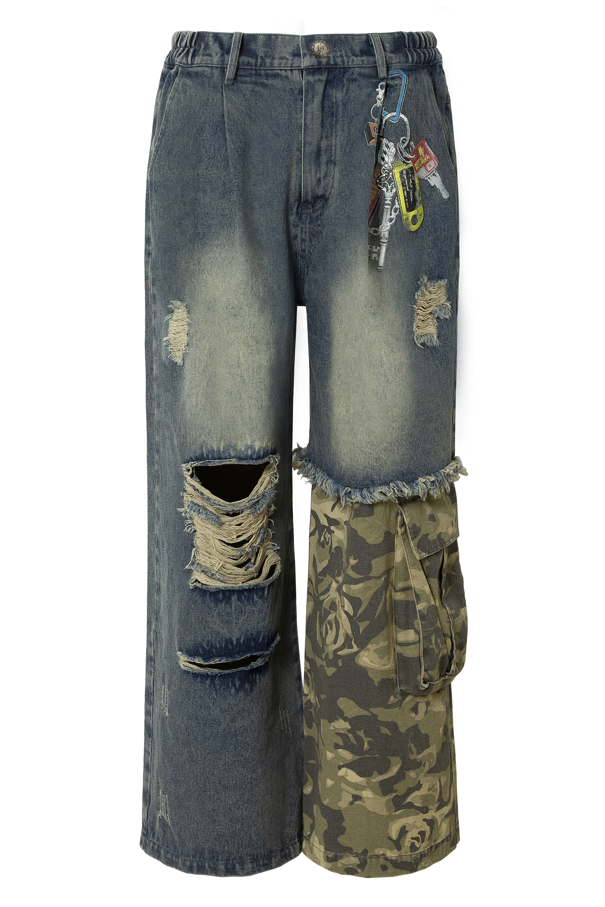 Washed Ripped Jeans Patch Camouflage Loose Straight Leg Pants 