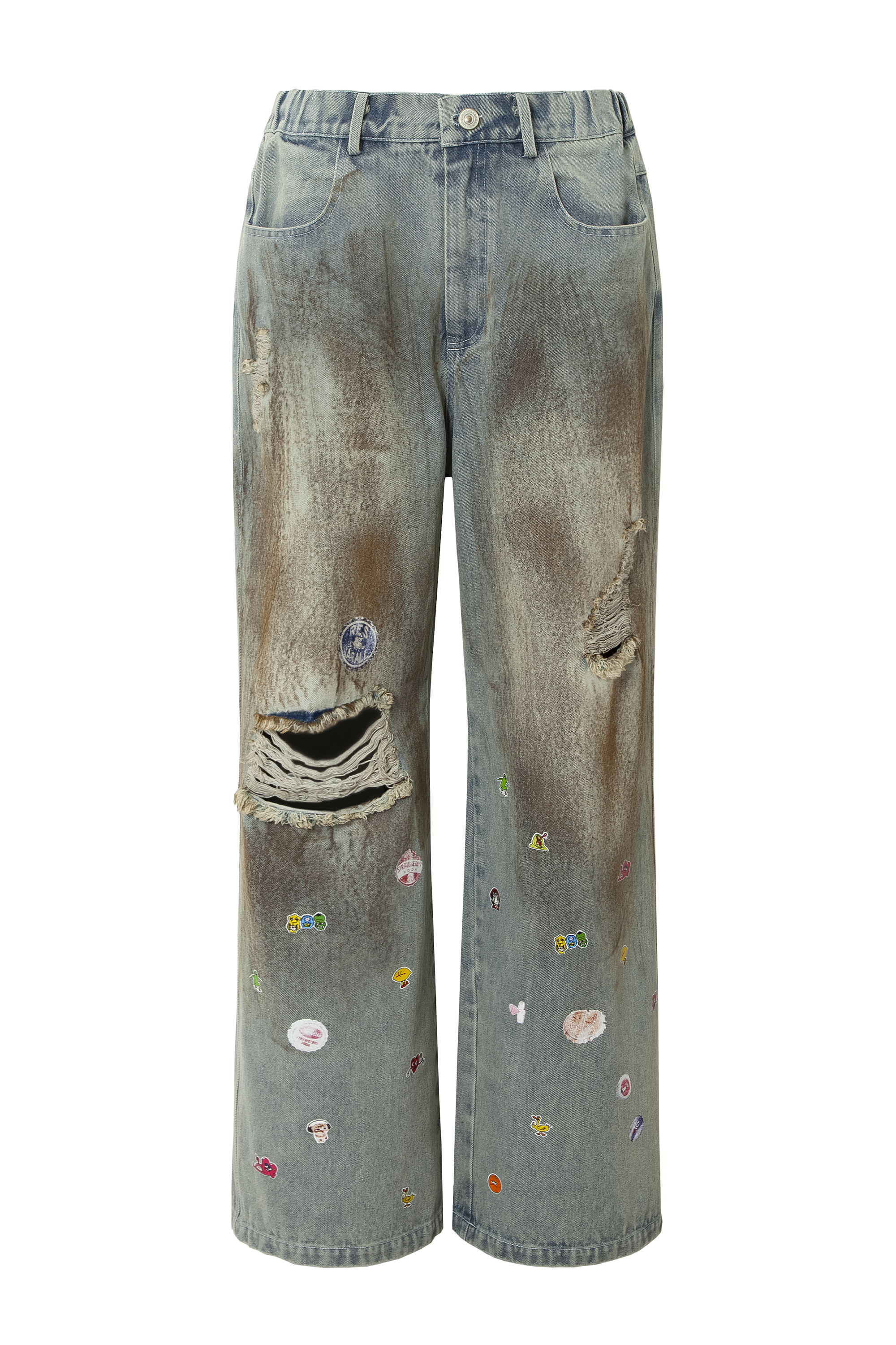 Washed Jeans Ripped Cartoon Loose Wide-Leg Pants 