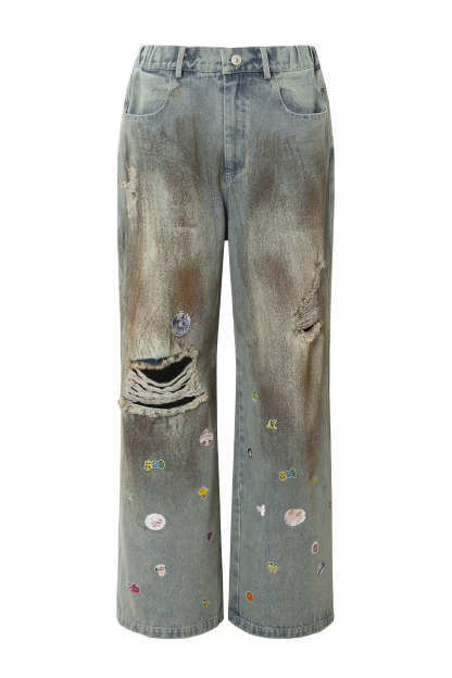 Washed Jeans Ripped Cartoon Loose Wide-Leg Pants 
